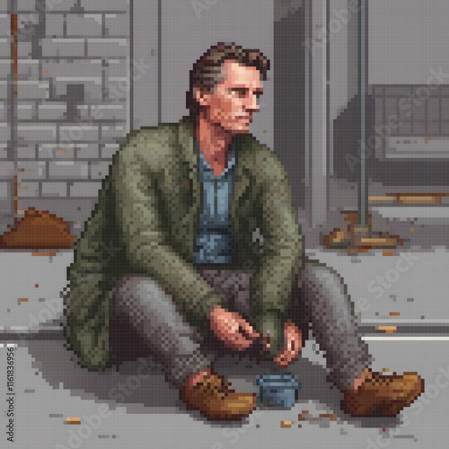 Pixel art depicts a man seated on the ground, gazing at a nearby building.