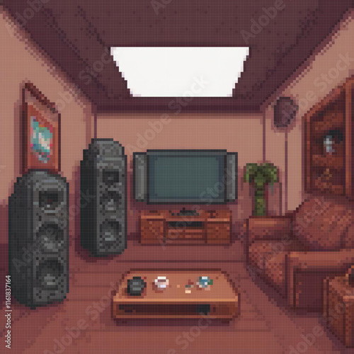 Pixel art depicts a cozy living room with modern furniture and a sleek flat screen TV.