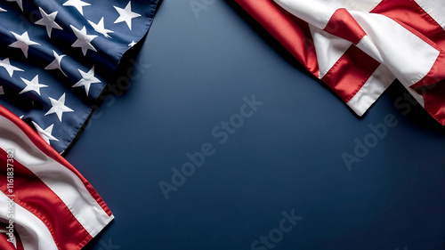 Flat American Flag on Navy Blue Background with Free Space
