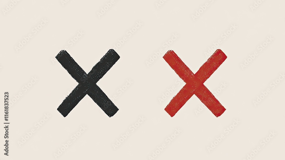 Obraz premium Two hand-drawn 'X' marks; black and red.