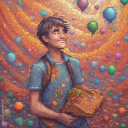 Pixel art cross stitch pattern featuring a boy with a basket of flowers.