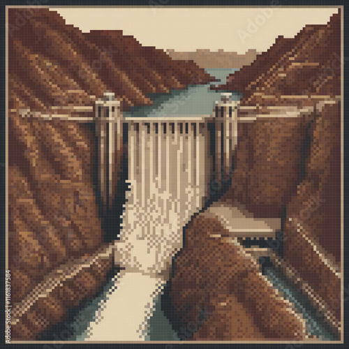 Pixel art of a cross stitch pattern showcasing a hydroelectric dams intricate design.