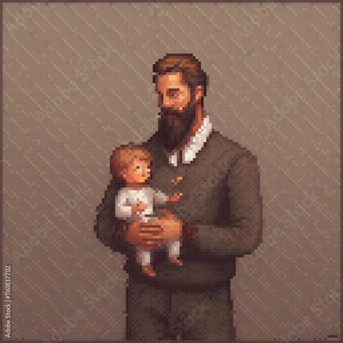 Pixel art depicting a man cradling a baby, showcasing tender care and affection.