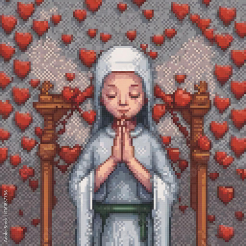 Nuns throne adorned with heart-shaped cross stitch patterns.