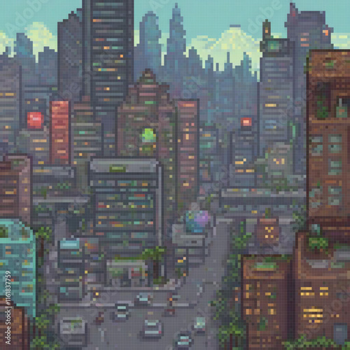 Pixel-perfect cityscape at night, bustling with digital cars on a virtual road.