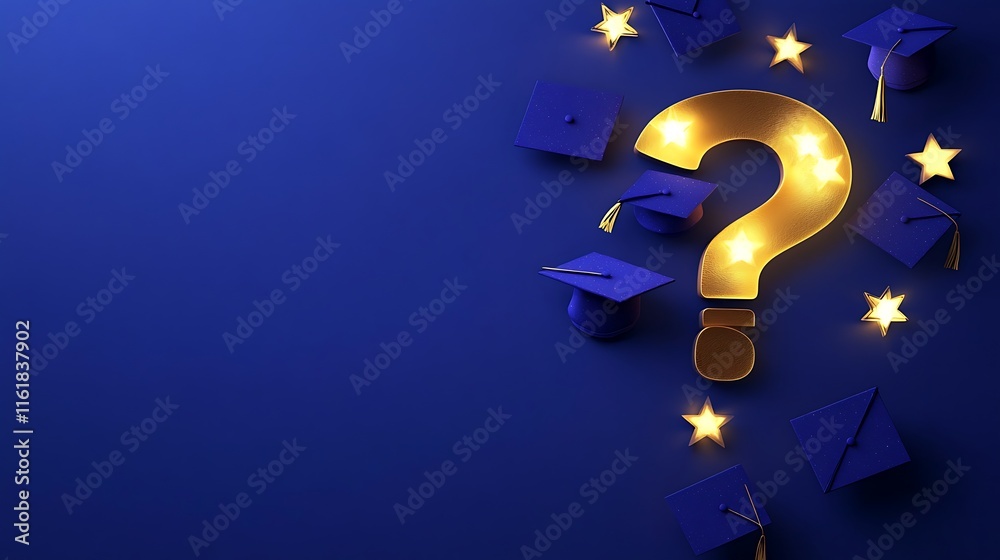 Glowing question mark with graduation caps and stars. Glowing question mark with graduation caps and stars.