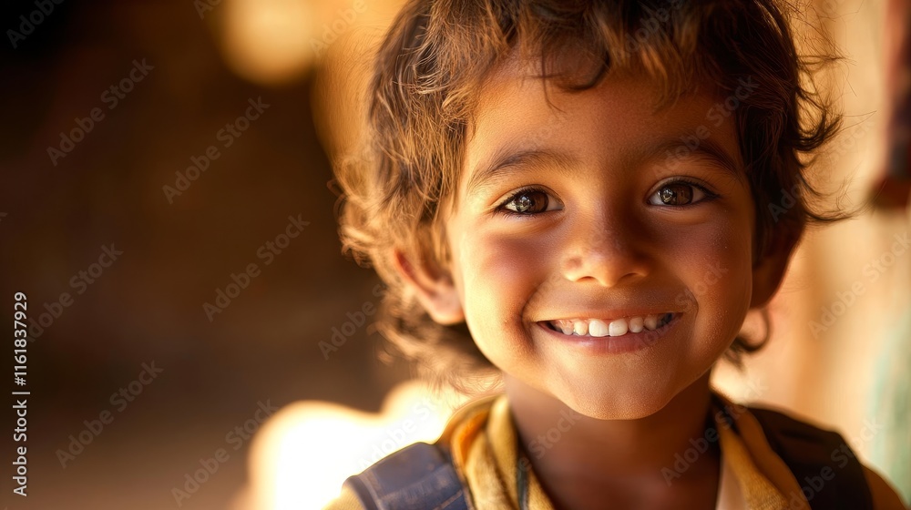 Cheerful Hispanic Child Smiling with Small Backpack in Close-up Portrait with Warm Lighting Cheerful Hispanic Child Smiling with Small Backpack in Close-up Portrait with Warm Lighting