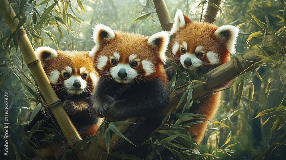 Obraz premium Adorable Red Pandas Trio in Bamboo Forest