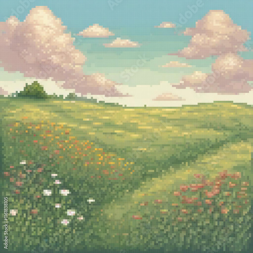Pixel art cross stitch depicting a vibrant field of flowers.