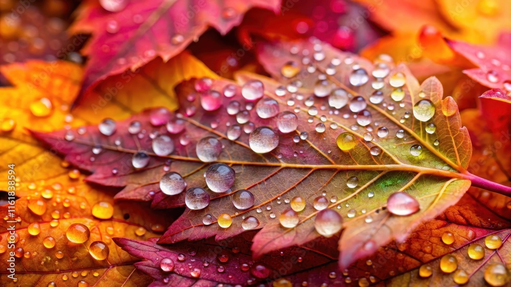 Close-up image of vibrant autumn leaves covered in delicate water droplets , autumn, leaves, foliage, close-up, nature Close-up image of vibrant autumn leaves covered in delicate water droplets , autumn, leaves, foliage, close-up, nature