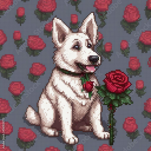 Pixel art cross stitch dog with rose