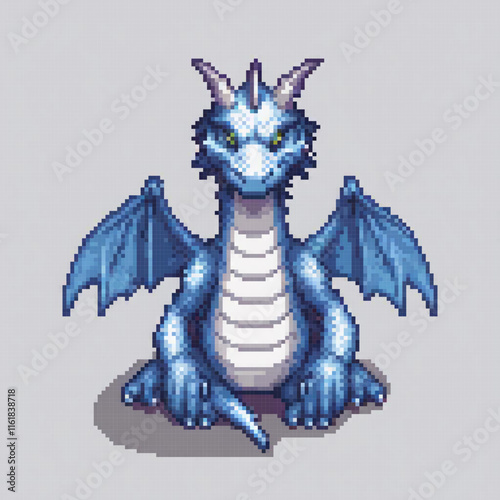 Blue dragon pixel art perched on a pristine white backdrop.