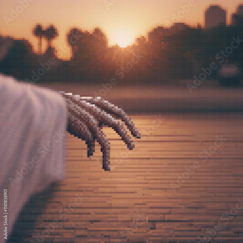 Hand reaching for sunset in pixel art, evoking warmth and tranquility.