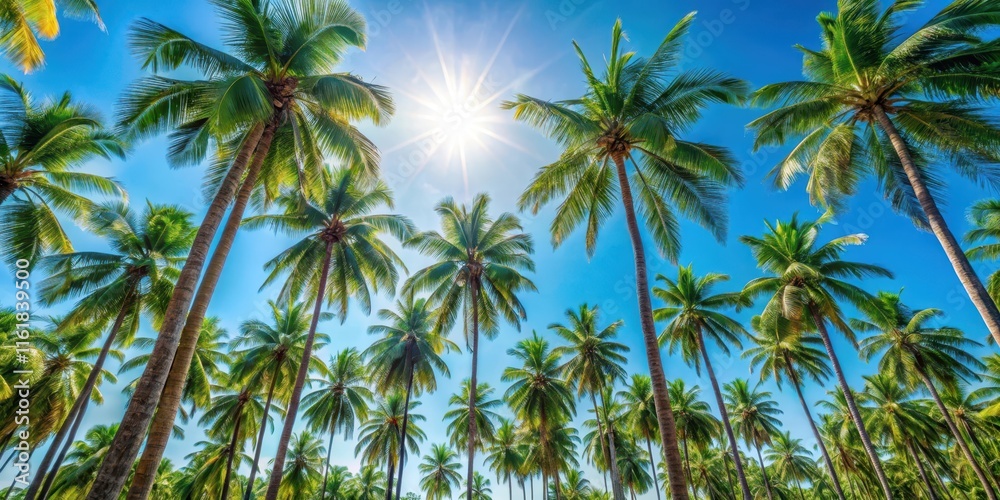 Full frame shot of tall coconut trees under bright sunlight against a clear blue sky, coconut trees, sunlight, bright sky Full frame shot of tall coconut trees under bright sunlight against a clear blue sky, coconut trees, sunlight, bright sky