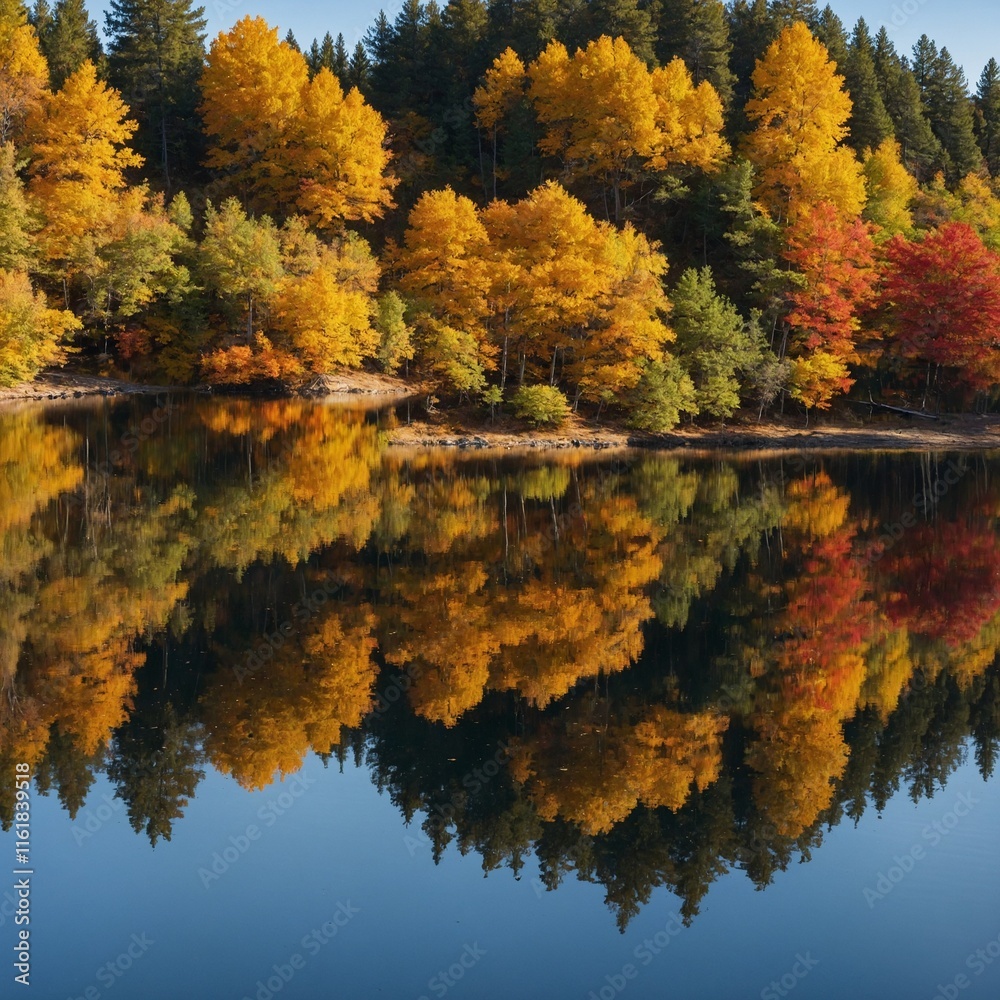 A golden autumn lake with colorful leaves carpeting the shoreline and creating reflections on the calm water. A golden autumn lake with colorful leaves carpeting the shoreline and creating reflections on the calm water.
