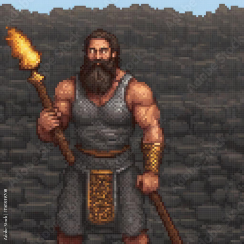 Bearded torchbearer in pixel art, guarding a castle