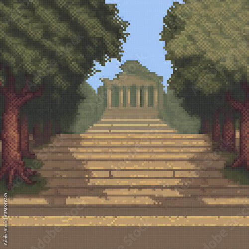 Pixel art depicting a charming staircase in a park, leading to a quaint building.