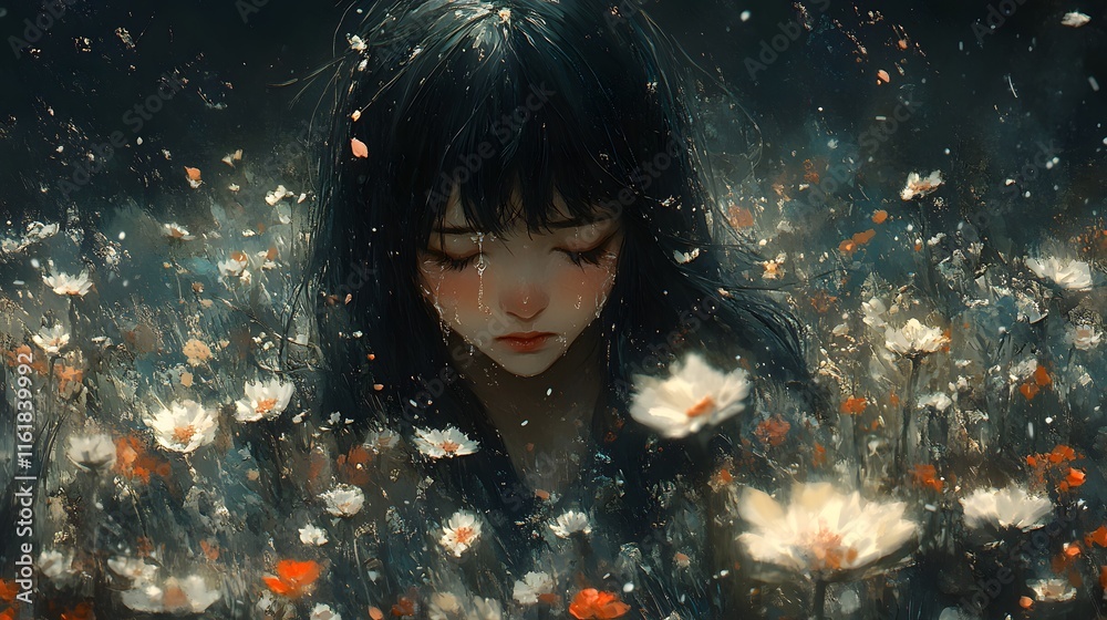 Lofi anime style illustration of A digital painting depicting a melancholic girl amidst a field of white and orange flowers. The artwork evokes feelings of sorrow and peace. Lofi anime style illustration of A digital painting depicting a melancholic girl amidst a field of white and orange flowers. The artwork evokes feelings of sorrow and peace.