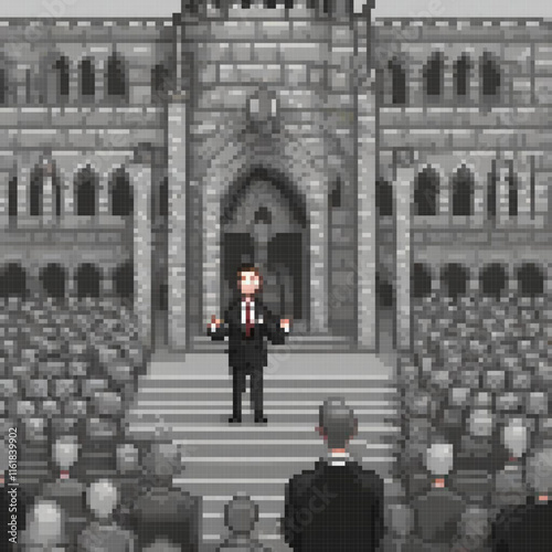 Pixel art depicting a man in front of a towering structure.