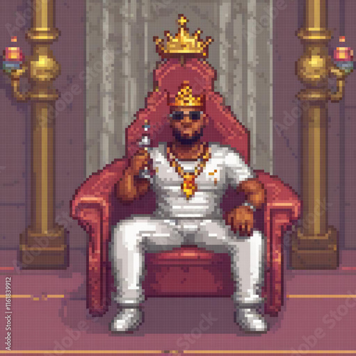 Pixel art depicting a regal man seated on a throne, adorned with a crown.