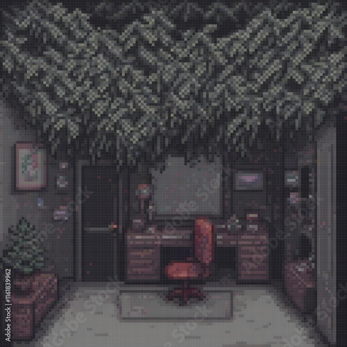 Pixel art depicting a cozy room with a central tree, perfect for retro-themed decor.