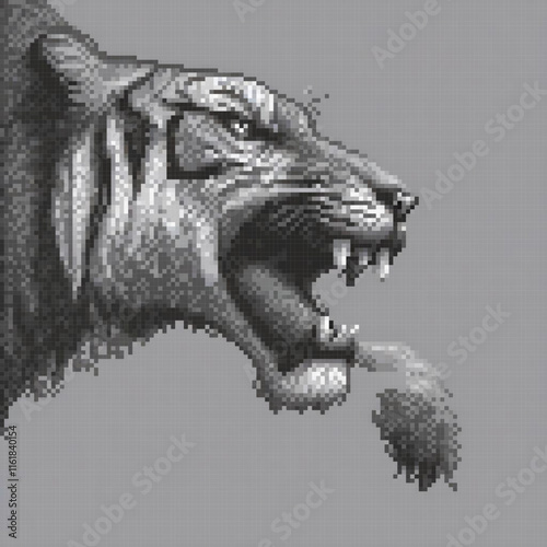 Stunning black and white pixel art of a majestic tigers head.