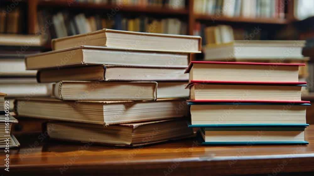 Stacked Books on Wooden Table in Library Cozy Reading Space for Knowledge, Education, and Literature Exploration Stacked Books on Wooden Table in Library Cozy Reading Space for Knowledge, Education, and Literature Exploration