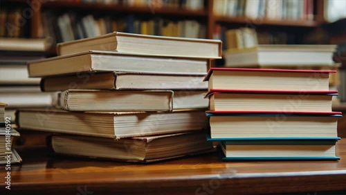 Stacked Books on Wooden Table in Library Cozy Reading Space for Knowledge, Education, and Literature Exploration