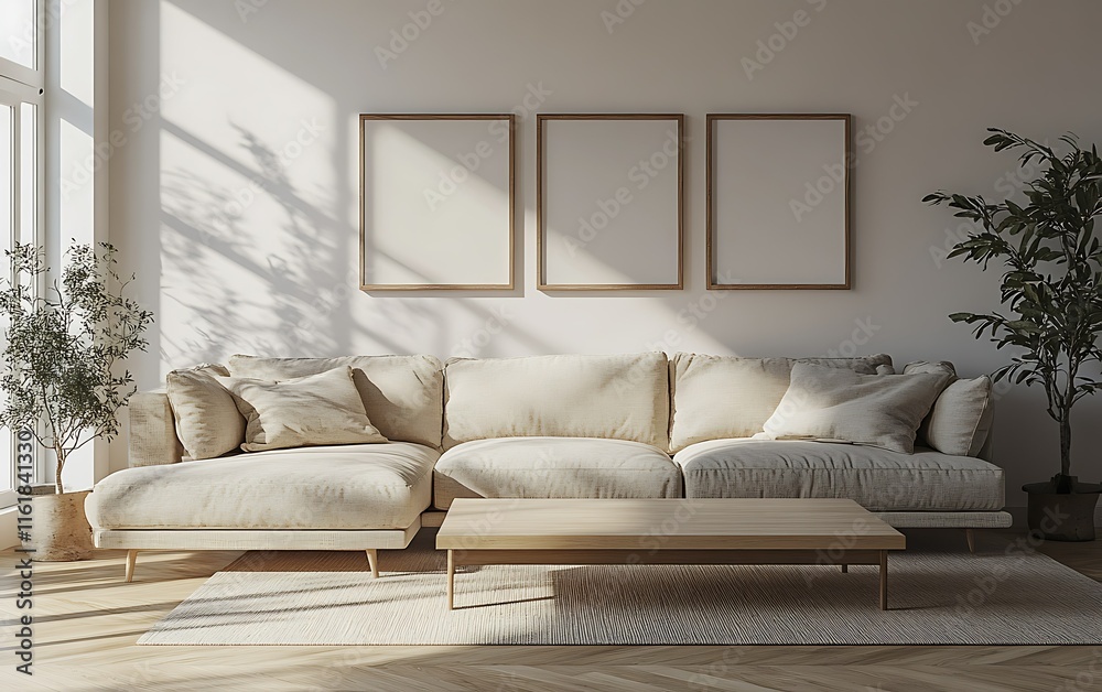 Fototapeta premium Sunlit living room with beige sectional sofa, wooden coffee table, and three framed prints.