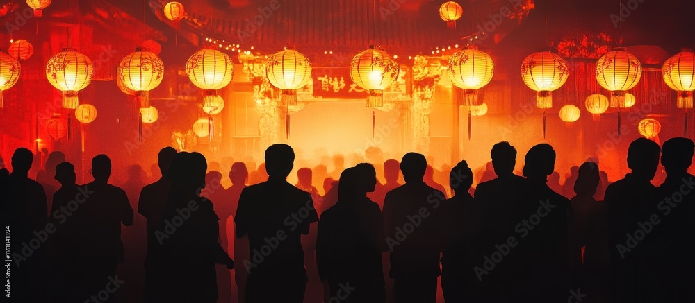 Obraz premium Silhouetted crowd at a lantern festival.