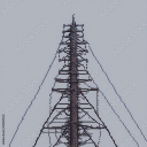 Stunning pixel art of a high voltage power line stretching across a clear blue sky.