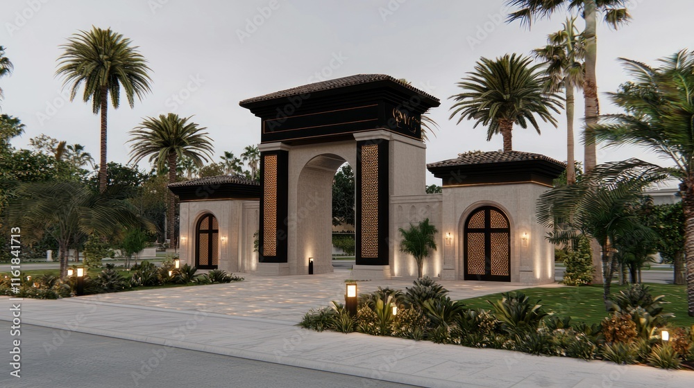 Obraz premium Elegant arched entryway with palm trees and landscaping.