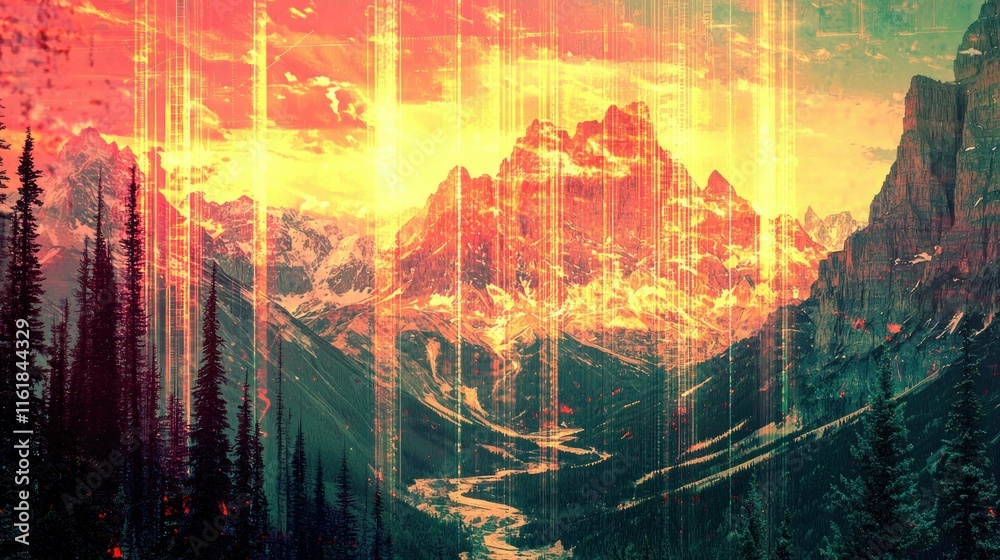 Obraz premium Fiery sunset over snow-capped mountains and evergreen forest.