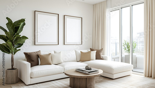 A simple living room with three blank picture frames on the wall photo