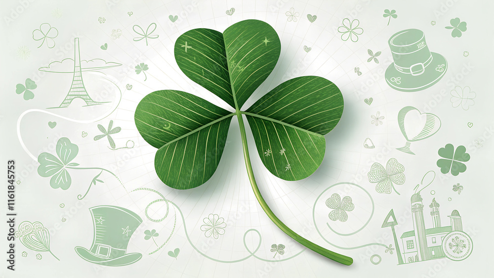 Large green clover with decorative elements around it, symbolizing St. Patrick's Day Large green clover with decorative elements around it, symbolizing St. Patrick's Day