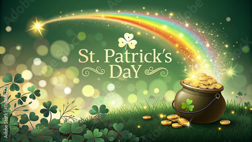 St. Patrick's Day celebration with a pot of gold, rainbow, and clovers