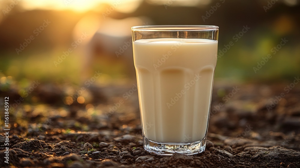Glass of milk on farm at sunset. Glass of milk on farm at sunset.