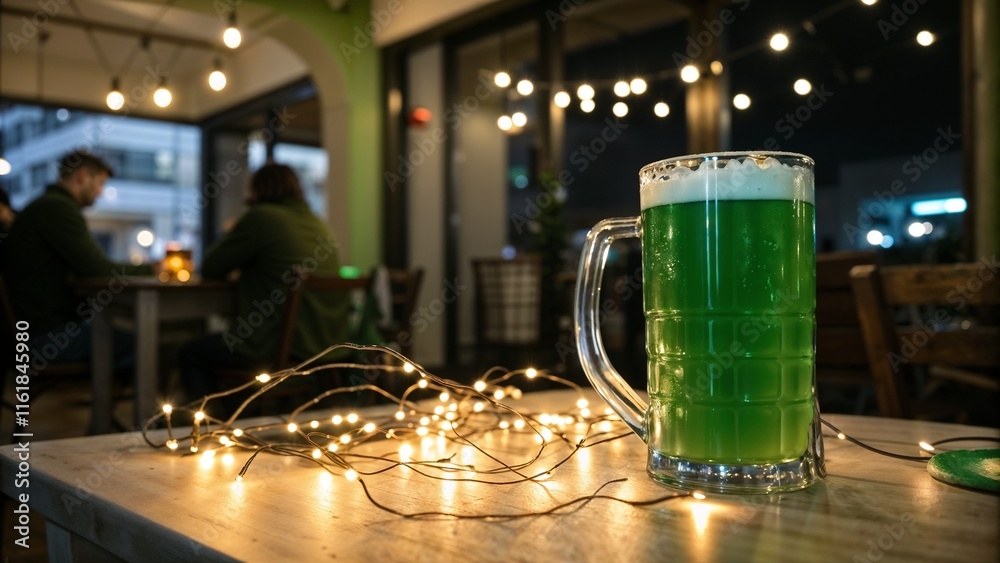 Glass of green beer on a wooden table with fairy lights in a cozy pub setting Glass of green beer on a wooden table with fairy lights in a cozy pub setting