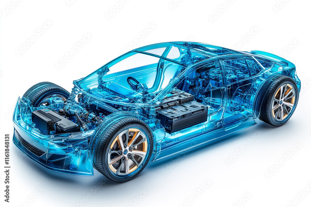 A transparent electric car with visible interior components and a futuristic design A transparent electric car with visible interior components and a futuristic design