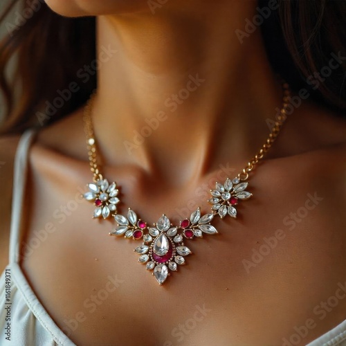 A close-up of a girl's neck wearing a beautiful necklace soft, with shiny particles on her skin, The collarbone is prominent