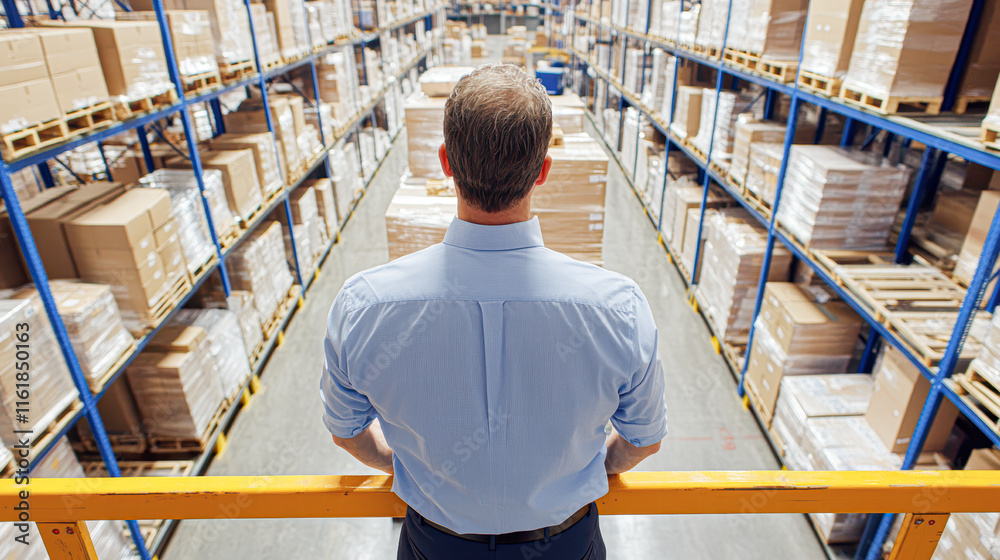 Warehouse manager analyzing inventory in distribution center business environment overhead view Warehouse manager analyzing inventory in distribution center business environment overhead view