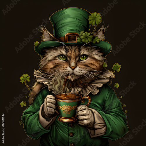 St. Patrick's Day. Cat in leprechaun hat with a cup of coffee.