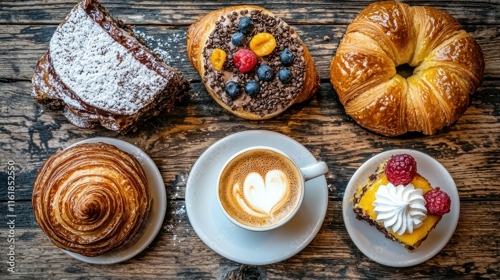 Assorted pastries and cappuccino on rustic wooden table, overhead view. Assorted pastries and cappuccino on rustic wooden table, overhead view.