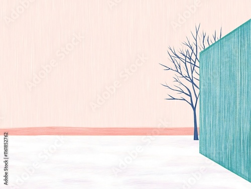 Serene Winter Landscape: Subtly Minimalist Illustration of a Teal Building. AI Generated