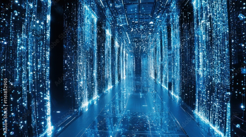 Obraz premium Futuristic server room corridor with glowing blue data streams.