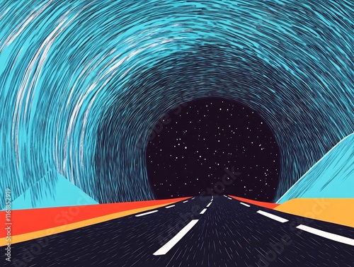 Vibrant Digital Painting: Road Spiraling Into a Starry Cosmos. AI Generated