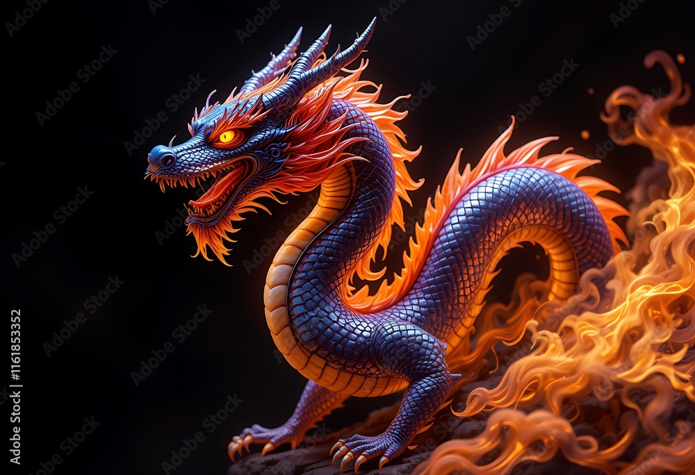 Obraz premium Powerful, Fiery Dragon Statue Against a Black Background. Generative AI