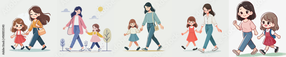 vector set of mother walking with her daughter vector set of mother walking with her daughter
