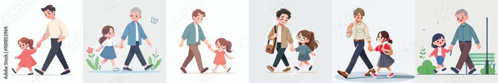 vector set of father walking with his daughter vector set of father walking with his daughter