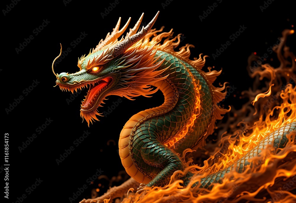 Obraz premium Powerful Chinese Dragon Emblazoned with Fiery Flames for Background